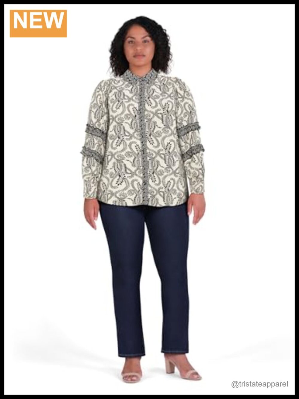 Plus Size Paisley Tunic with Collar Long Sleeve